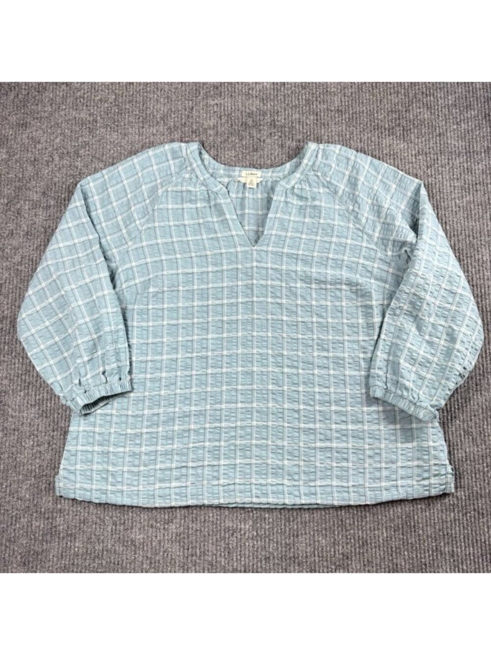 L.L. Bean Seacoast Seersucker Top Womens 2X Blue Plaid Splitneck Cottage 528113